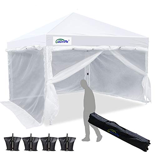 Goutime 10 x 10 Ft Ez Pop Up Canopy Tent with White Mesh Side Walls, Outdoor Screen House Room with...