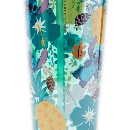 Image of Silver Buffalo Disney Lilo and Stitch Aloha, Dome Top Travel Tumbler, 24oz | Tropical Leaves Pattern, Glitter Finish, 0.71 Liters