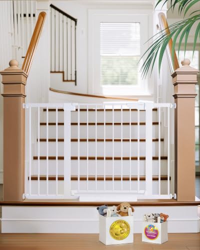 Cumbor 29.7-48 Baby Gate for Stairs Moms Choice Awards Winner-Dog Gates for Doorways Auto Close Safety Pet Gate for Dogs Indoor Easy Install Pressure Mounted Child Gate with Walk Thru Door White