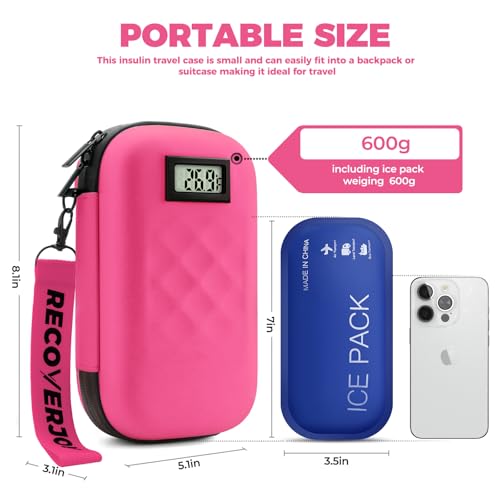 Image of TSA Approved Insulin Cooler Travel Case Diabetic Medication Bag With Thermometer Temperature Display Medication Diabetic Cooler Travel Medicine Organizer Bag for women & 2 Ice Pack-Rose red