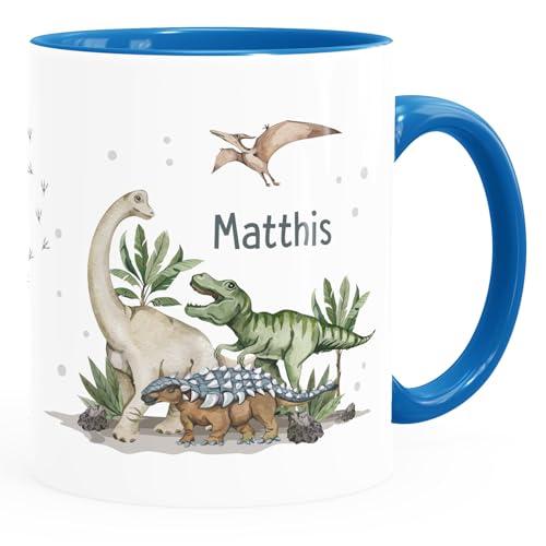 SpecialMe® Kindertasse Dino mit Namen personalisiert Dinosaurier T-Rex Tasse aus Keramik für Kinder Jungen Mädchen Weiss-innen-blau standard – Ansicht 1