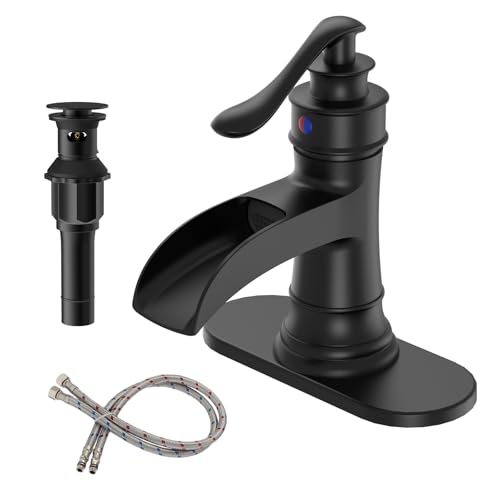 BWE Black Bathroom Sink Faucet 1 Hole, Single Handle Waterfall Faucet with Pop Up Drain and Water...
