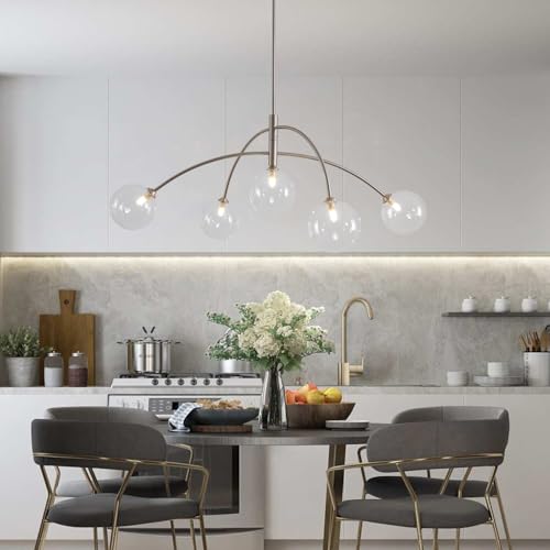 Image of Mid Century Modern Sputnik Chandelier Adjustable 5 Light Clear Glass Silver Ceiling Chandelier for Dining Room Kitchen Bedroom