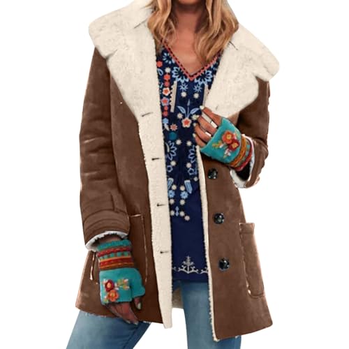 FUPODD Damen-Jacken Blouson Lammfelljacke Warme Plüschmantel Wildleder Winterjacke Fleecejacken Thermojacke Damenjacke Teddyfell Jacke Outdoorjacke Mit Knöpfen Damenmantel...