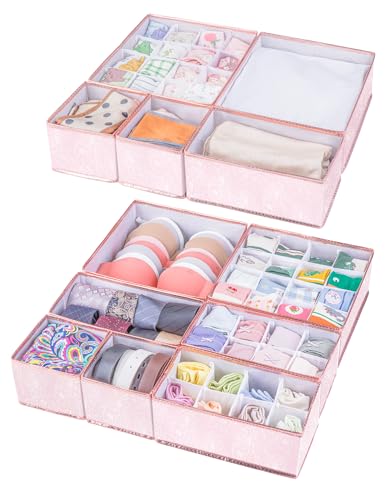 MYTHAUS 12 Pack Drawer Organizers for Clothing - Foldable Collapsible Fabric Closet Organizer and Storage Dresser Drawer Divider, Storage Box for Underwear, Socks, Bra, Ties, Pink