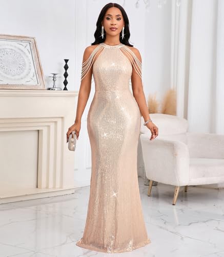 Image of Cololura Women Sexy Elegant Sequin Tassel Off Shoulder Halter Bodycon Maxi Dress Party Evening Gown Formal Dress