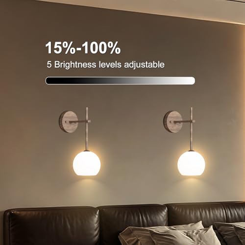 Image of Walnut Grain Battery Operated Wall Sconces Set of 2, Rechargeable Wireless Wall Lights with Milky White Frosted Glass, 12 RGB and 3CCT Dimmable, Wall Lamps with Remote for Bedroom Living Room Hallway