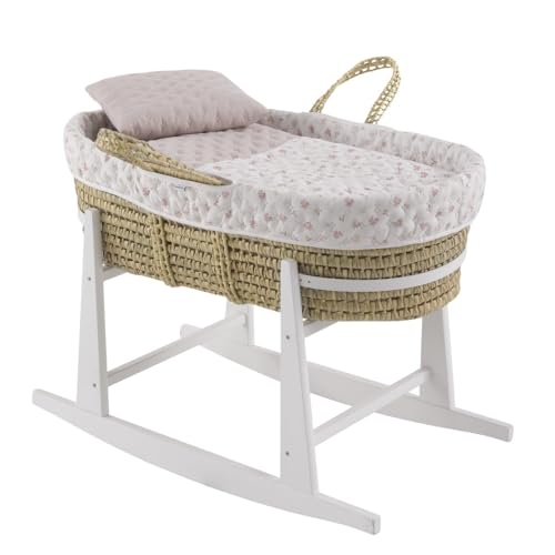 Cambrass-moisés para bebé con Soporte de Madera-capazo de Palma para los Primeros Meses del bebé-moisés de Mimbre con Asas para facilitar su traslado - Branch Rosa 39x80x25 Cm