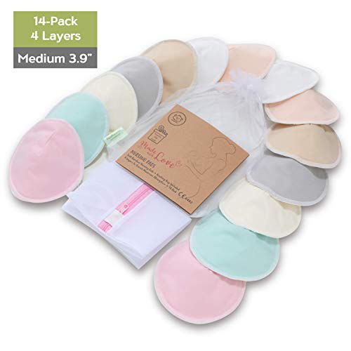 Organic Bamboo Nursing Breast Pads - 14Pack 3.9" Washable Pads + Wash Bag - Breastfeeding Nipple Pad for Maternity - Reusable Nipplecovers for Breast Feeding (Pastel Touch, Medium 3.9")