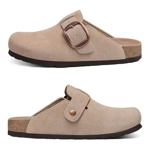KIDMI Genuine Suede Clogs for Women Memory Foam Cork Footbed Potato Shoes Slip On Leather Mules with Big Buckle