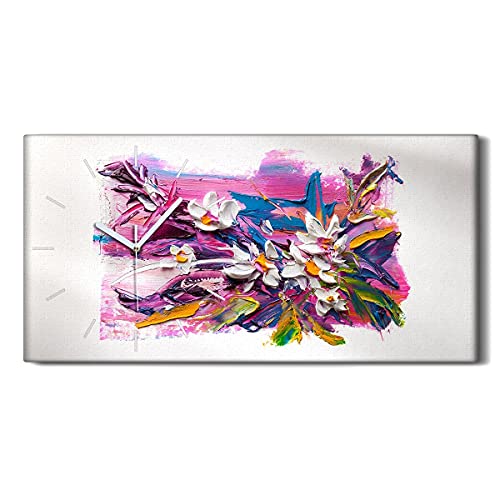Horloge sur Toile sans Tic-Tac Décoration Murale Salon Fleurs Abstraites 60x30 - 2