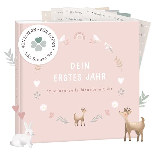mintkind® Mein erstes Jahr Babyalbum Blumen rosa – zartes Babytagebuch mit 176 Seiten und Sticker-Set für liebevolle Erinnerungen im ersten… – Ansicht 1