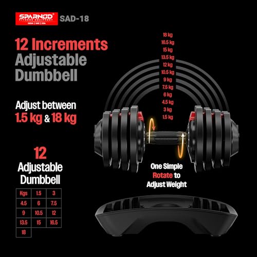 Image of Sparnod Fitness SAD-18 Adjustable Dumbbell 18kg (Set of 2) 12 Weight Levels (1.5-18kg), Quick Adjust with Safety Lock, Non-Slip Grip, Thickened Base Full-Body Workout, Steel & Nylon