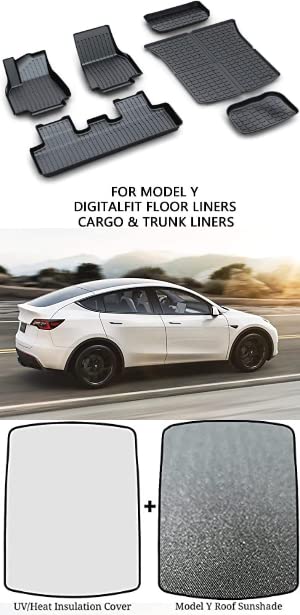 Photo 1 of Tesla Model Y2020 ,2021,2022 Full Set of TPE Floor mats and Rear Trunk Cargo Tray + Foladble Sunroof Sunshade and Heat Insulation Cover ( Starry Sky )