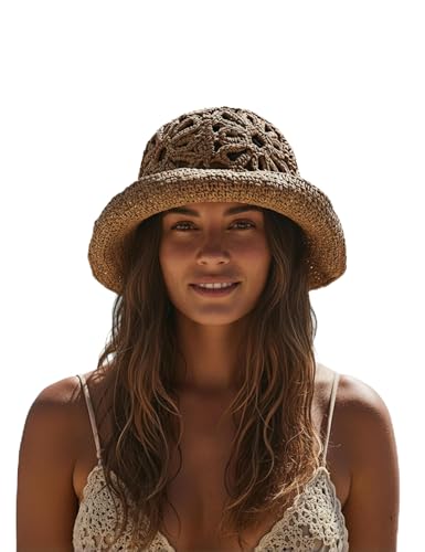 Mazilk Handmade Womens Crochet Paper Straw Bucket Hat Daisy Beach Cap Brown