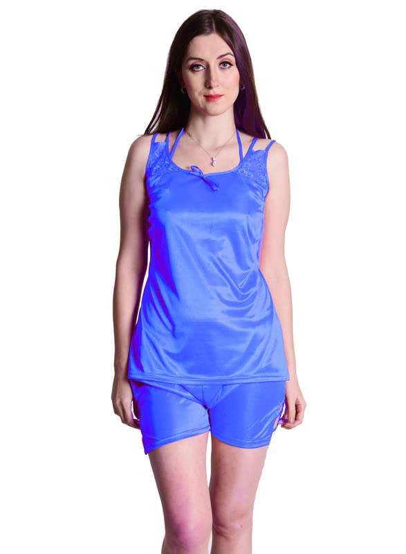 Soft & Smooth Satin Solid Nightwear Night Suit/Night Shirt Sleeveless Top & Shorts Set for Women Light Blue-image-17