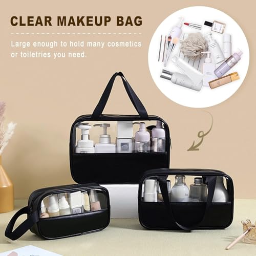 Image of KBS Toiletry Kit Cosmetic Makeup Storage Organizer Clear Styilish Wash Bag Pouch Set of 3 for Travel Luggage Transparent with Metal Zipper Gift for Men Women Girls (Black)