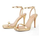 Women’s Stiletto Strappy Heeled Sandals, 4.3 Inch Square Open Toe Sexy High Heels Ankle Strap Buckle Heels for Party Wedding Dress Daily Wear Shoes Gold Size 8.5