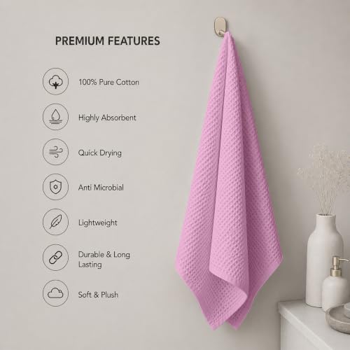 Image of Pure Cotton Waffle Towel | Lightweight | Anti Microbial and Water Absorbent | Soft Touch Quick Drying Bath Towel (Pink, Pack of 1)