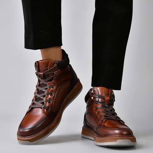Image of Men's Brown Leather Sneaker Boots Casual Oxford Boot Comfy Shoes for Men Mid-Top Lace Up Fashion Shoe 9