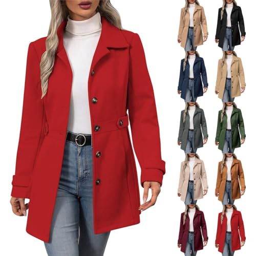 Womens Wool Coat Single Breasted Notch Lapel Trench Coat Mid Length Peacoat Jacket Dressy Outerwear with Pockets (Red,Large)