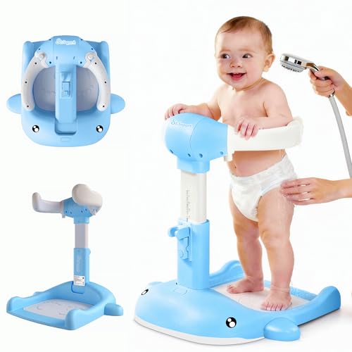 Foldable Baby Shower Stand, Toddler Shower Stand with Anti-Slip Base & Anti-Pinch Silicone, Baby Shower Standing Support 6-36 Months,Baby Stand Up Shower |Soporte para Bañera de Bebé (Blue Whale)