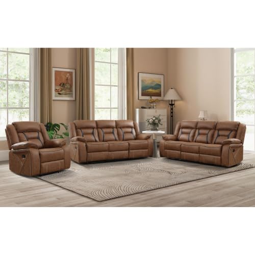 Image of EBELLO Faux Leather Recliner Sofa Furniture Set for Living Room, 1 Recliner Chairs, Two 3 Seat Reclining Sofa Couch Set for Meeting Room, Brown