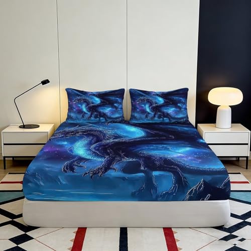 Drap-housse Blue Dragon 160x200x25cm en microfibre imprimée