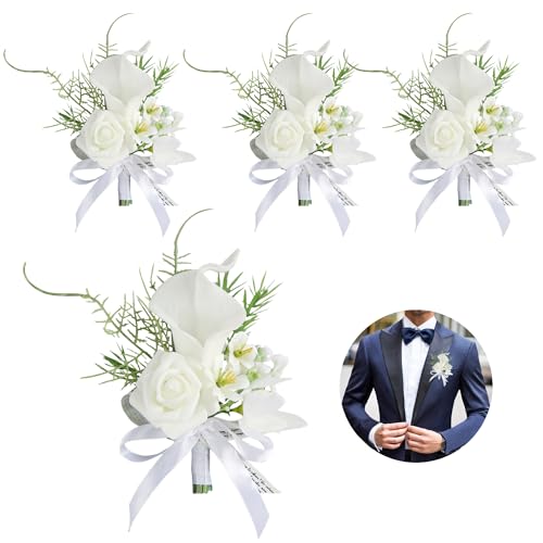 Huilimei Calla-Lilien-Boutonniere, handgefertigt, romantisch, weiß, geeignet für Hochzeitszeremonie, Jahrestag, Abendessen, 4 Stück