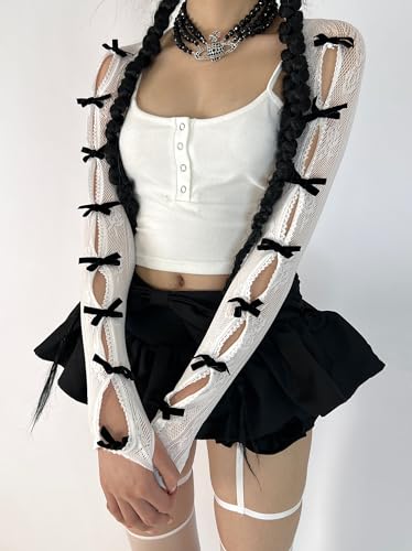 Women's Mesh Lace Shrug Crop Top Y2K Aesthetic Grunge Arm Sleeves Cardigan with Bow Going Out Shirts Summer2