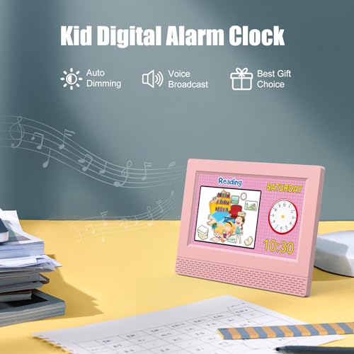 Image of Kids Digital Alarm Clock with Voice Scene Reminders, 7 inch Eye-Caring Display | Watercolor Wallpapers, Auto Dimming DST /Calendar Clock, Sleep Trainer Easy Setup Gift-Ready Box for Kids Birthday with Remote