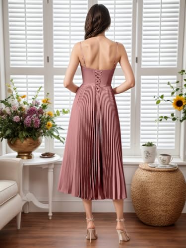 Spaghetti Straps Bridesmaid Dress for Womens Satin Pleated A-Line Midi Prom Dress for Formal Evening Party3