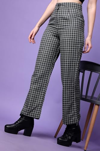 Image of POPWINGS Casual Check Print Button and Zip Closure Trouser for Women | Western Wide-Leg Trouser for Women | Summer Trousers for Women | Comfortable Semi-Formal Work Trouser for Women