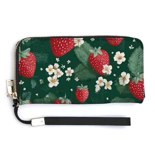 Reds And Greens of The Strawberry PU Leather Clutch Long Bifold Wallet, Coin Purse Credit Pass Case, Durable Card-Holder Money Storage for Women Men