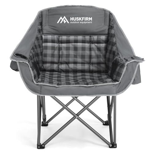 Huskfirm Oversized Camping Chair Padded Camping Chairs Heavy-Duty Foldable Camping Chairs with Cup Holder and Cooler Bag Portable Lawn Chair for Sports Outdoors-Support 450LBS, Grey