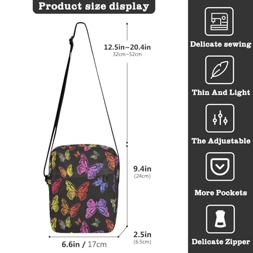 KLL Rainbow-colored Butterflies Black Background small messenger bag for women Vegan Leather cross body bag men Shopping Lady Shoulder Handbags3
