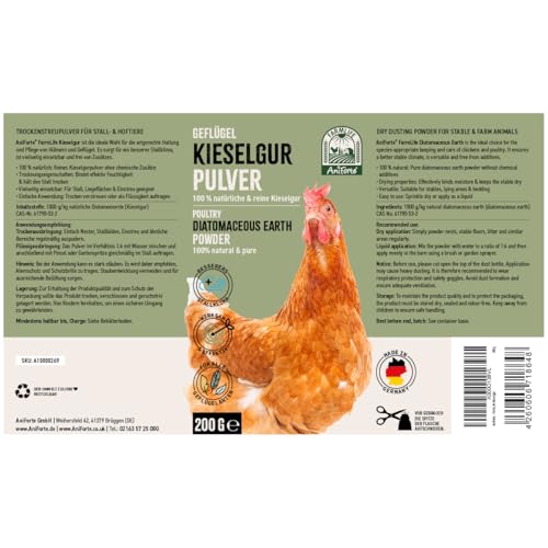 AniForte Kieselgur für Hühner & Geflügel 200g – Reine Diatomeenerde Kieselgurpulver, Kieselerde Pulver für Hühner in Stäubeflasche, ohne Chemie für Bio-Betriebe geeignet