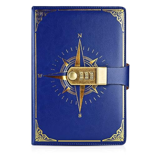 Regerly Journal avec Serrure, 1 Pièce Carnet De Note avec Serrure Journal En Pu Cuir avec Serrure Ournal Intime avec Code(Modèle De Boussole) Convient Aux Élèves De Bureau Et d'École (bleu)