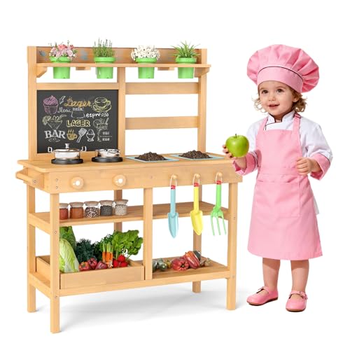 DREAMADE Cuisine Extérieur Enfants 3+ Ans, Cuisine de Boue en Bois avec Éviers Amovibles, Tableau Noir, 2 Cuisinières, 2 Boutons, 4 Pots de Fleurs & 3 Outil de Jardinage