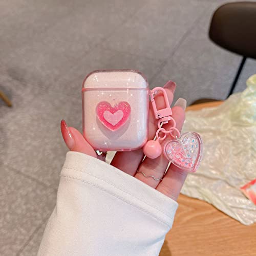 Ownest Compatible For Airpods Case, Cute 3D Heart Clear Tpu Shockproof Cover Case Glitter With Bell Keychain For Women Girls For Airpods 2&1-Pink #TOP2