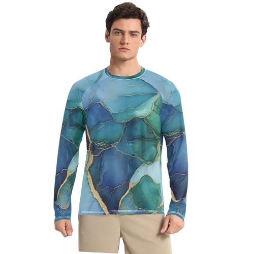 Marble Green Royal Blue Men's UPF 50+ Classic Crew Neck Comfort Men's Sun Protection Long Sleeve Water Fishing