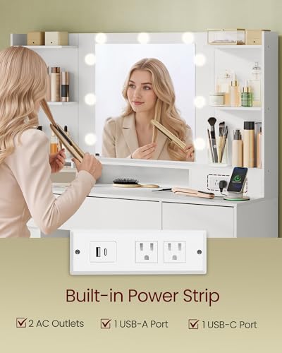 Image of VASAGLE 43.3-Inch Vanity Desk with Mirror and Lights, 3 Drawers 2 Cabinets