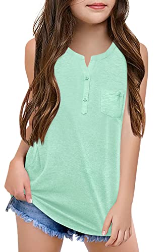 Batermoon Girls Tank Top Summer Cute Sleeveless T Shirt For Teen Henley Ribbed Button Casual Tee Blouse For 9-10 Years Mint Green #TOP27