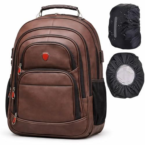 Mochila Antifurto para Notebook Couro Sintético com Cadeado e Cabo de Aço I Porta USB I Multi Compartimentos I Com Capa Impermeável I Executiva Trabalho Viagem (Marrom)