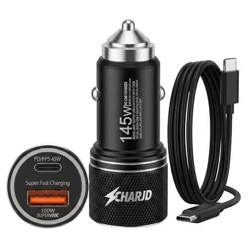 145W Fast Car Charger with C to C Cable Dual Port USB C Car Charger with 100W SuperVOOC & 45W Power Delivery, Fast Charging Laptop Car Adapter Compatible with MacBook Air, OnePlus, Samsung