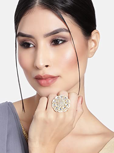 I Jewels Gold Plated Indian Wedding Bollywood White Kundan & Pearl Studded Adjustable Finger Ring for Women (FL207-09)3