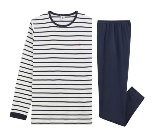 Petit Bateau Jungen Pyjama, Weiss Marshmallow / Blau Smoking, 3 Jahre – Ansicht 3