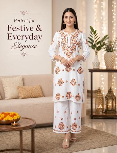 Image of Floral Embroidered Women Kurta Pant Set Straight Fit Cotton Blend Kurti with Palazzo Bottom Ethnic Wear for Office, Festive, Casual and Everyday Comfort