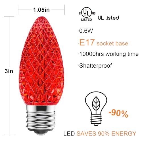 AJONIAM C9 Led Replacement Christmas Light Bulbs, 50-Pack C9 Shatterproof Led Bulbs with E17 Candelabra Base for Christmas String Lights, Waterproof & Dimmable Christmas Village Bulbs - Red by AJONIAM - Image 4