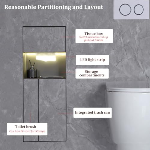 Stainless Steel Hidden Trash Can Cabinet with LED Light, Recessed Toilet Paper Holder & Brush Set, Space-Saving Storage Solution for Bathrooms & Restrooms